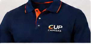 Camisa polo azul marinho com detalhes laranja